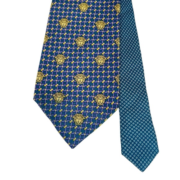 Gianni Versace Mens Vtg Tie Geometric Medusa Teal/Purple/Gold Silk 3.75" x 56.5" - Picture 1 of 9